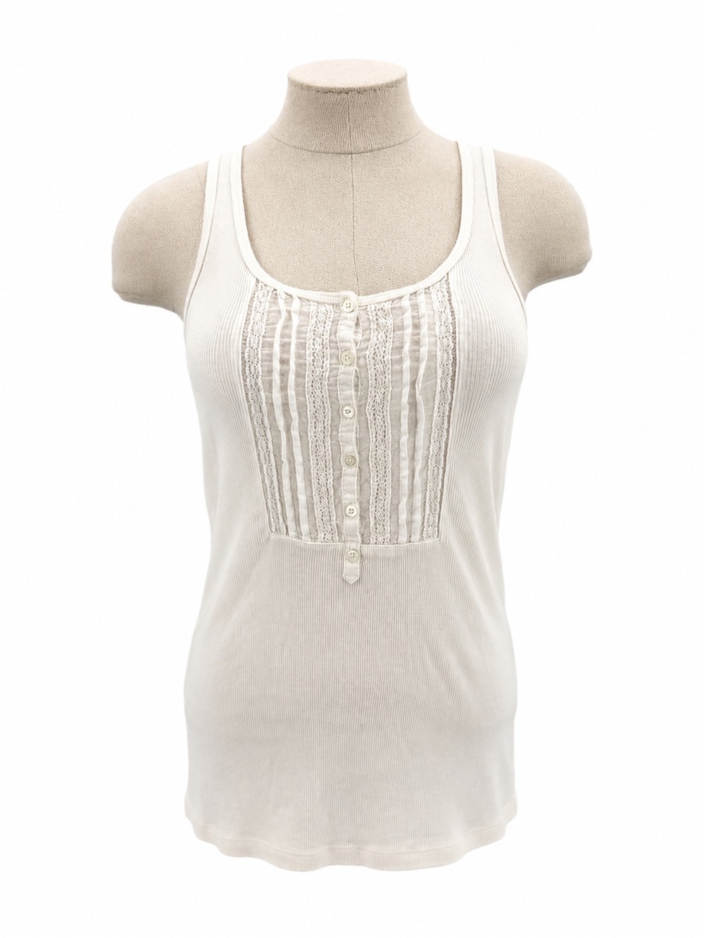 J.Crew Ivory Ribbed Lace Pintuck Henley Tank Top Size M Romantic Y2k